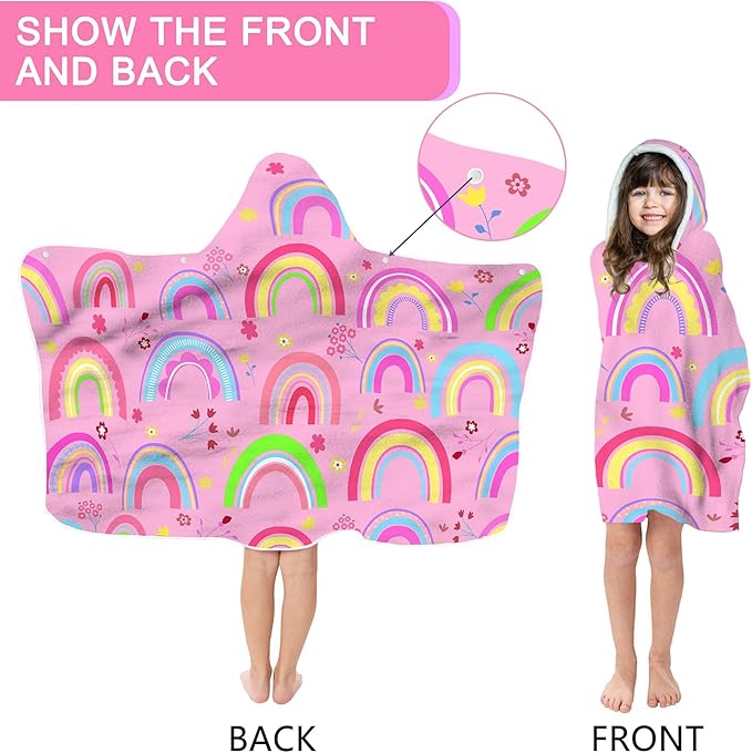 Bonsai Tree Rainbow Hooded Beach Towel for Kids Girls, Cute Unicorn Bath Towel with Hood, Pink Magic Rainbow Microfiber Super Absorbent Soft Poncho Bathrobe for Swin Pool 30”x50”
