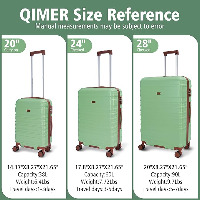 Luggage Sets 3 Piece, 100% PC Hardside Luggage with Spinner Wheel TSA LOCK Lightweight Quiet Suitable for Men and Women, Family Travel 20/24/28 Light Green