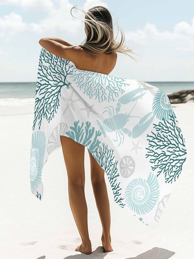 Ocean Microfiber Beach Towel, Teal Green Lobster Coral Starfish 31" x 63" Bath Towel Quick Dry Sand Free Travel Pool Towels for Beach Chair, Sun-Bath, Camping, Vacation