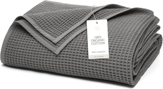 BOLL & BRANCH Waffle Bed Blanket - Full/Queen, Stone - Luxury 100% Organic Cotton - Soft, Lightweight and Breathable - Textured Waffle Weave Design