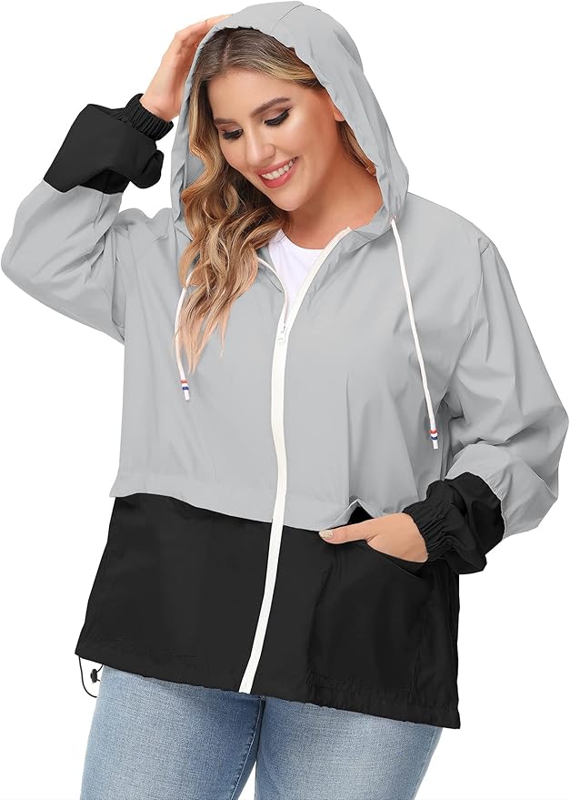 Avoogue Plus Size Raincoat Women Waterproof Rain Jacket Packable Outdoor Hooded Windbreaker
