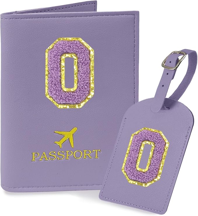COSHAYSOO Initial Passport Cover Luggage Tag Set Letter Passport Holder Airplane Cruise Travel Essentials Vacation Traveling Accessories Personalized Gifts for Women Teen College Girls Purple O