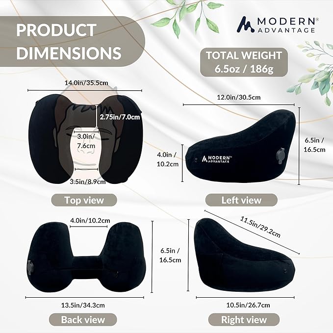 Modern Advantage Inflatable Travel Pillow for Airplanes with Comfort Hood, Adjustable Neck Support, Lightweight & Compact Flight Pillow for Sleeping on Long Flights & Travel (Black)