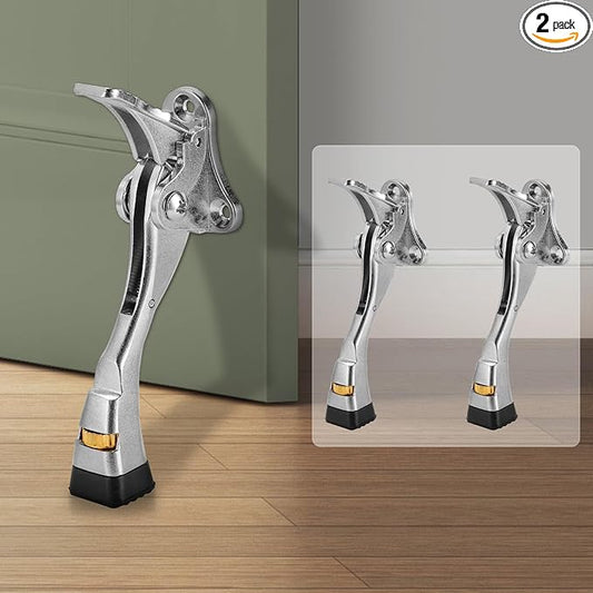 GoldPig Kickdown Door Stopper, 2 Packs Door Holder to Keep Door Open, 4 Inch One Touch Semi-Automatic Satin Nickel Doors Stoppers, Adjustable Height and Rubber Tip, Heavy Duty Door Stop(Nickel)