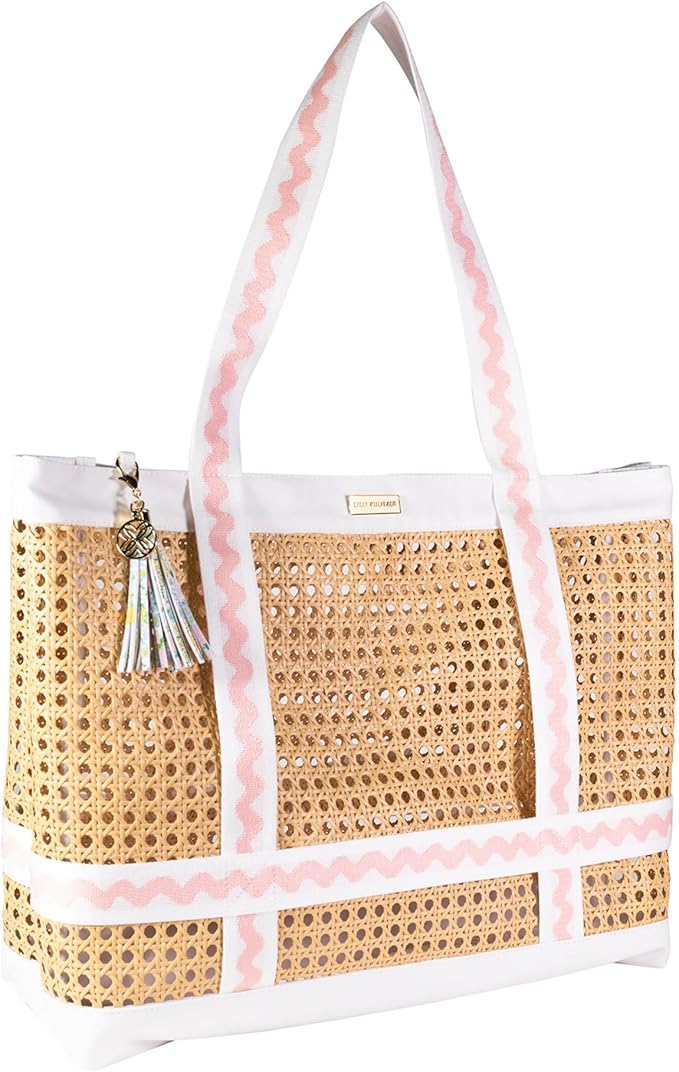 Lilly Pulitzer Large Travel Tote Bag with Hat Holder Strap, Caning Beach Bag with Tassel Keychain (Lilly Garden Home)