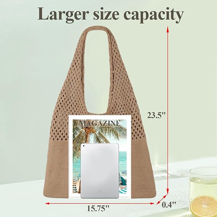 Beach Tote Bag for Women, Crochet Boho Aesthetic Mesh Shoulder Summer Vacation