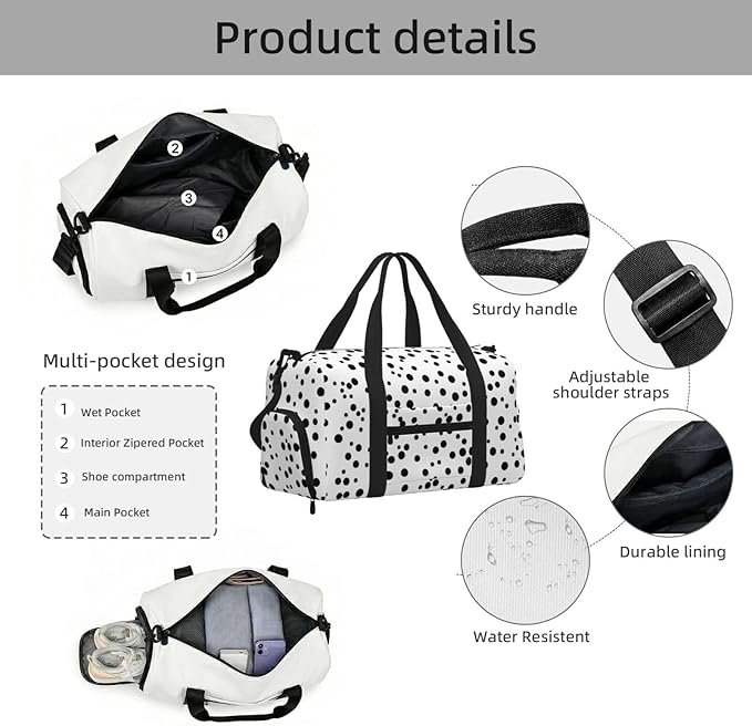 Black White Polka Dot Print Gym Bag with Shoe Compartment for Women Men, 17.7in Sports Duffle Weekender Tote, Overnight Travel Duffel Bag Carry On
