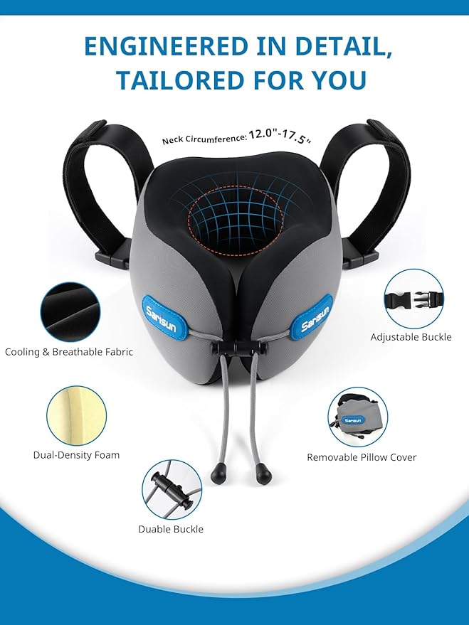 Neck Pillow Airplane,Travel Pillow with Strap,Combo 3D Eye Mask for Sleep,Dual-Density Supportive Foam Travel Neck Pillow for Airplane Flights,Car Road Trip Travel Essentials Black
