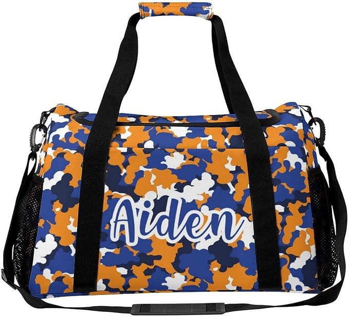 Camouflage Navy Blue Orange Camo Waterproof Duffel Bag Gym Dance Sport Perform Training Bag for Teens Adults Women Men Handheld Crossbody Travel Bag