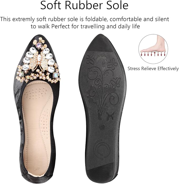 KUNWFNIX Women Ballet Flats Rhinestone Wedding Ballerina Shoes Foldable Sparkly Comfort Slip on Flat Shoes