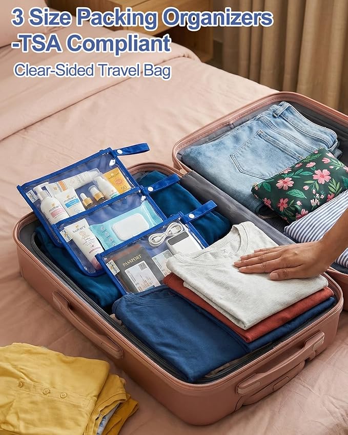 babygoal Clear Travel Organizer Bags 3 Pack, TSA Approved Mess-Proof Pouches with Snap Handle, Water-Resistant Toiletry Essentials for Baby & Mom (Blue)