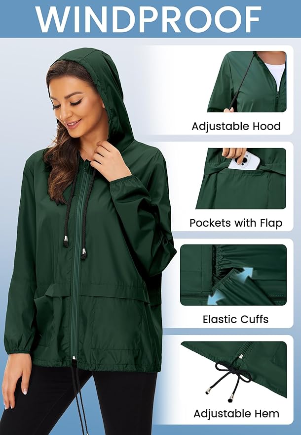 Zando Lightweight Rain Jacket Women Waterproof - Raincoat for Women Packable Rain coat Hooded Windbreaker for Travel Outdoor