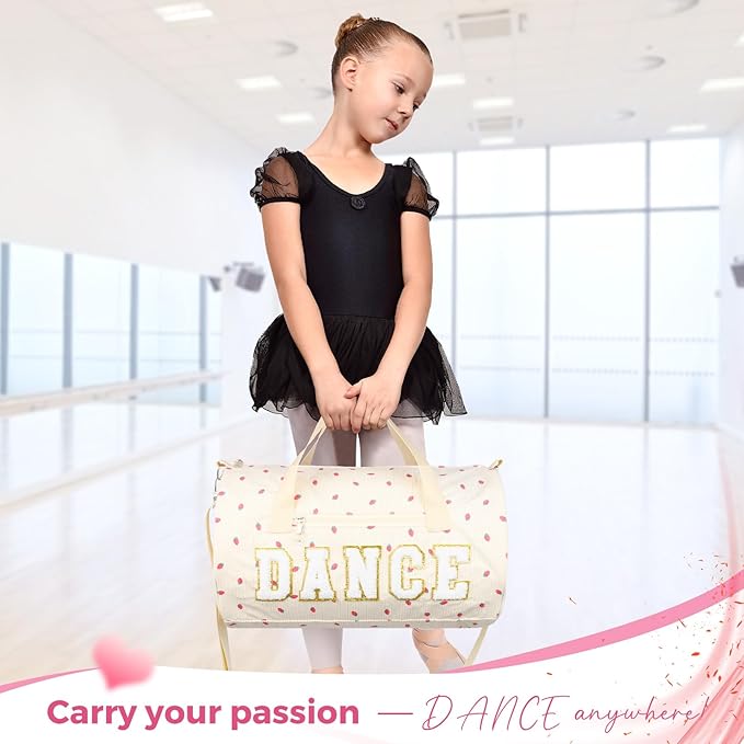 Dance Bag for Girls, KUIRAN 23L Waterproof Travel Duffel Bag with Colorful Chenille Letter, Lightweight Small Gym Sport Ballet Weekender Bag with Large Main Compartment - White/Gold