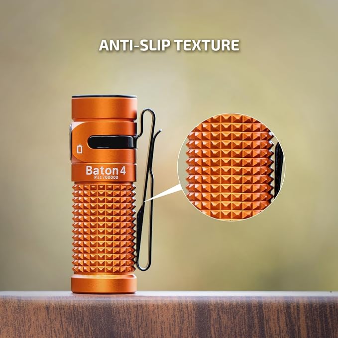 OLIGHT Baton4 Rechargeable EDC Flashlight, Bright Small Flashlight 1300 Lumens with MCC Charging Cable, IPX8 Waterproof, Multiple Modes Pocket Light for Home, Camping, and Emergencies (Orange)