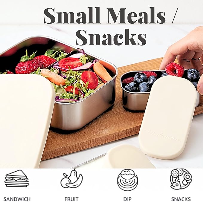 Leak Proof Stainless Steel Lunch Box Containers, Stainless Steel Bento Box, Metal Lunch Box, Sandwich and Snack Containers, SIlicone Lids, Korean Style,Small Vanilla (1 x 27oz + 2 x 6.5 OZ)