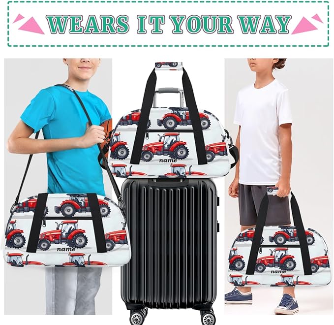 Personalized Boys Gym Bags, Custom Name Sport Bags for Training Travel Overnight Weekender，Red Tractor