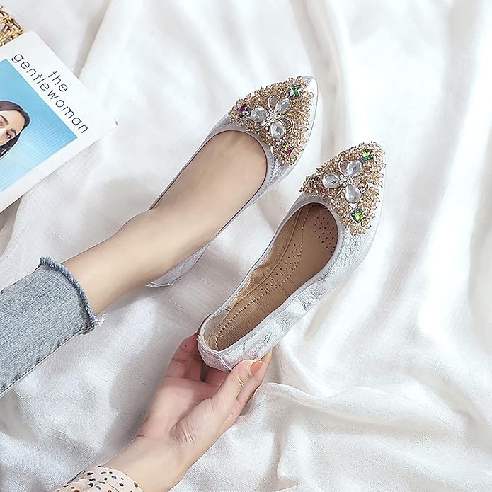 Women Ballet Flats Sparkly Rhinestone Wedding Ballerina Shoes Pointed Toe Foldable Comfort Slip on Flat Dress Shoes