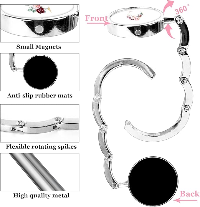 XSUIOY 3Pcs Personalized Initial Foldable Purse Hook for Table,Crushed Flower Letters Folding Purse Hanger,Purse Holder Handbag Hanger Collection Desk Table Bag Hooks Gifts for Women Bag(Pink-C)