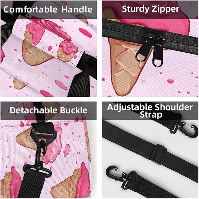 Sports Duffel Bags, Pink Ice Cream Water-Resistant Gym Duffle Bag for Men Women, Lightweight Weekender Overnight Bag for Fitness, Workout, Travel
