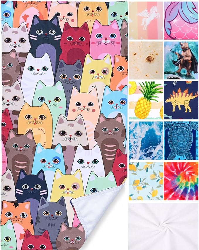 LIVILAN Small Kitten Cat Beach Towel, 24" X 48" Soft Microfiber, Absorbent, Quick Dry, Sand Free, Light, Multiuse for Bath, Pool, Swim, Cute Cat Gifts