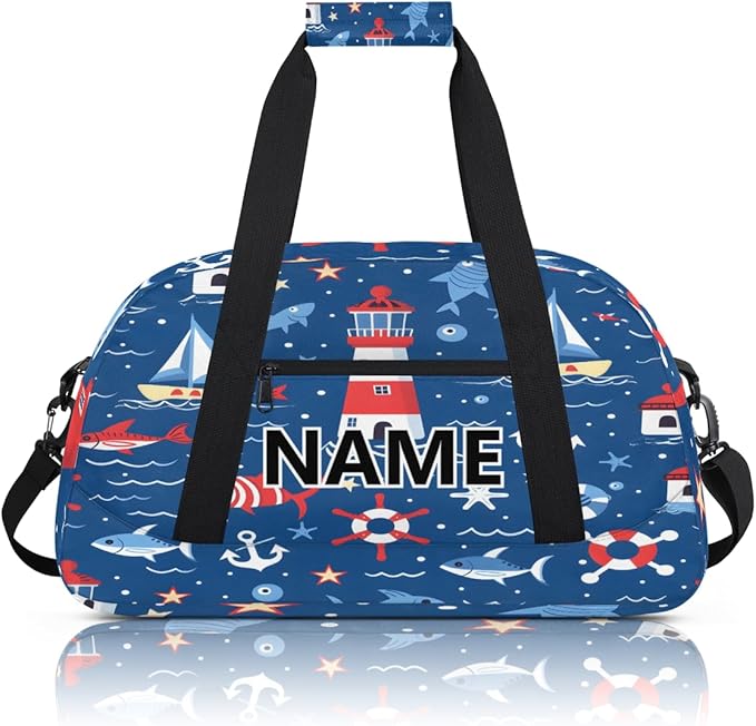 Nautical Coastal Mini Gym Bag 18 inch for Women Men Waterproof Custom Fish Ship Lighthouse Travel Duffel Bag Carry On Overnight Tote Nurse Bag for Work Fitness Hiking