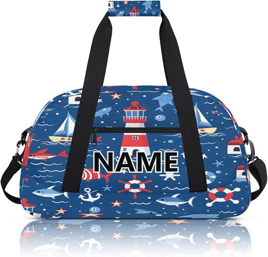 Nautical Coastal Mini Gym Bag 18 inch for Women Men Waterproof Custom Fish Ship Lighthouse Travel Duffel Bag Carry On Overnight Tote Nurse Bag for Work Fitness Hiking