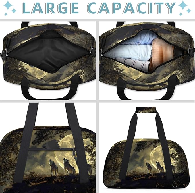 Travel Duffle Bag for travel duffle bag sports Girls Boys Kids Night Wolf Moon Lightweight Overnight Sleepover Weekender Bags Small Dance Gym Sport Bag Teens Carry-On Size Workout Bag