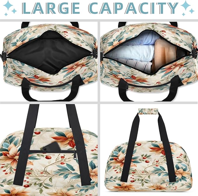 Sports Duffel Bags, Poinsettia Red Berries Water-Resistant Gym Duffle Bag for Men Women, Lightweight Weekender Overnight Bag for Fitness, Workout, Travel