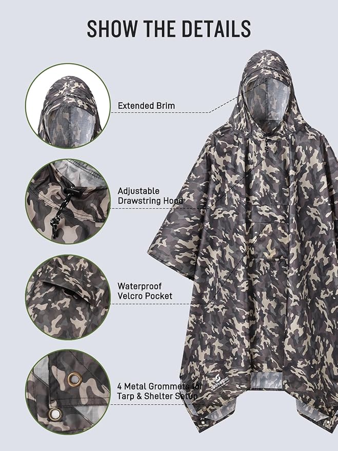 SaphiRose Extra Thick Hooded Rain Poncho Double Layer Waterproof Raincoat Jacket for Men Women Adults
