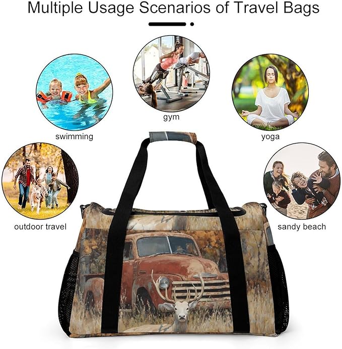 Old Truck Deers Autumn Forests Duffle Bag Gym Bag for Workout Travel Tote with Detachable Straps