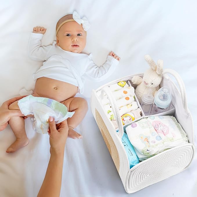 Baby Diaper Caddy Organizer, Cotton Rope Diaper Organizer for Changing Table, Sturdy Portable Nursery Baby Basket with Detachable Compartments, Baby Essentials for Newborn, Stylish Baby Shower Gifts