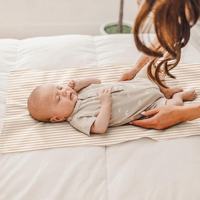 Konssy Faux Leather Baby Changing Mat, Waterproof, Wipeable & Portable Diaper Changing Pad for Travel or Home, Fits Perfectly in Diaper Bag, 30 x 17 inches (Beige,Stripes)