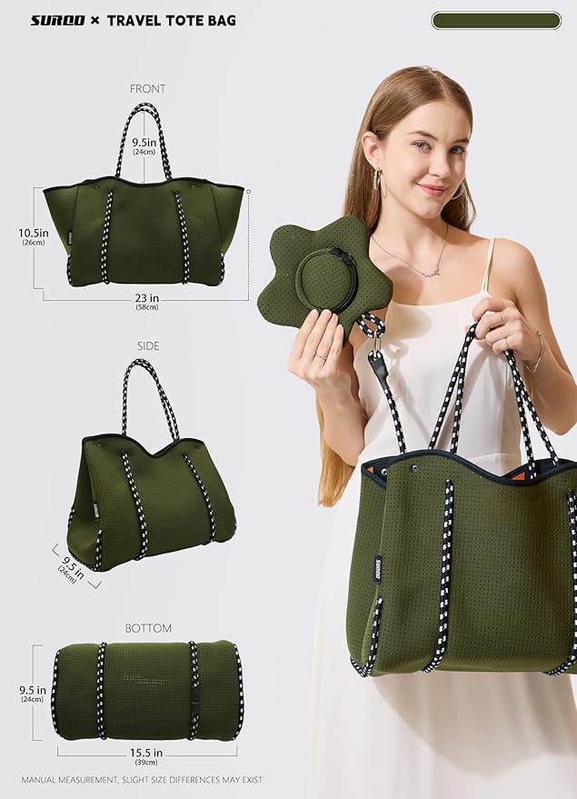 Neoprene Tote Bag for Women, Large Travel Beach Bag with Detachable Pouch, Stylish Lightweight Everyday Carryall