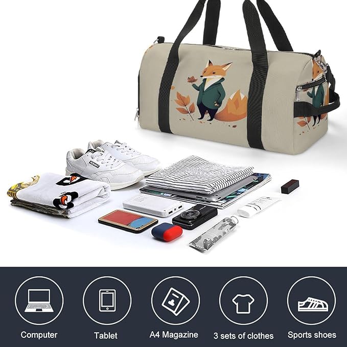 Oxford Cloth A Cartoon Fox Gym Bag,Duffle Bag with Shoes Compartment And Adjustable Shoulder Straps，Weekender Bags for Men Women.