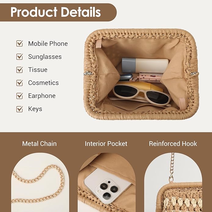 Clothirily Straw Clutch Purses for Women, Cloud Dumpling Woven Bag with Detachable Chain, Beach Crossbody Shoulder Handbag