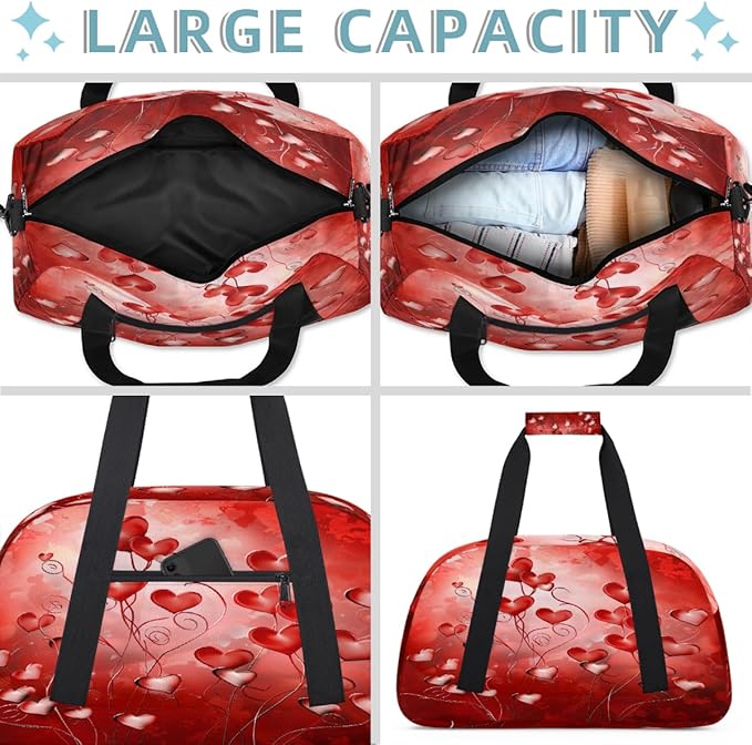 Red Heart Floral Pattern Sports Duffel Bags, Water-Resistant Gym Duffle Bag for Men Women, Lightweight Weekender Overnight Bag for Fitness, Workout, Travel