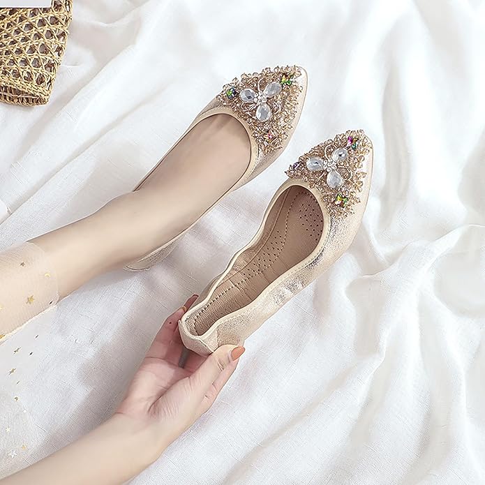 Women Ballet Flats Sparkly Rhinestone Wedding Ballerina Shoes Pointed Toe Foldable Comfort Slip on Flat Dress Shoes