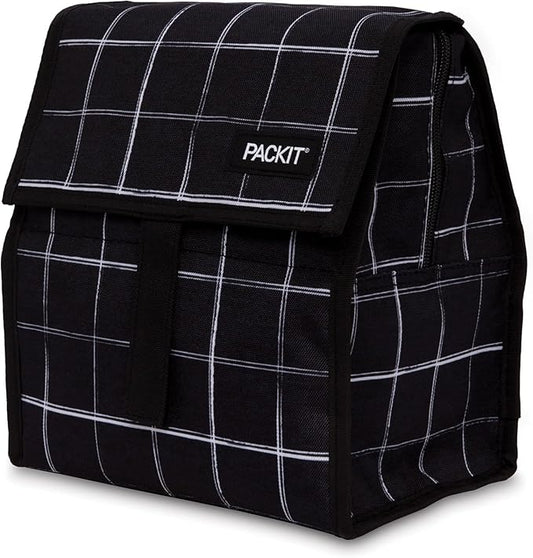 PackIt Freezable Lunch Bag, Black Grid, Built with EcoFreeze Technology, Foldable, Reusable, Zip and Fold Closure with Buckle Handle, Designed for Work Lunches and Fresh Lunch On the Go
