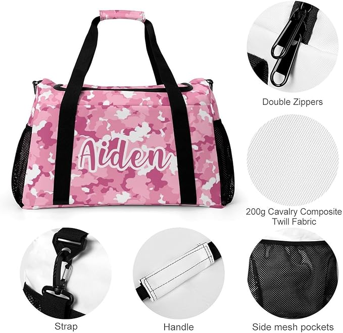 Personalized Name Travel Bag Sports Player Duffel Bags Camouflage Pink White Camo Perform Training Bag for Men Women Adjustable Shoulder Strap