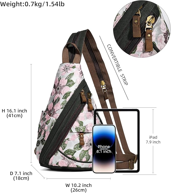 KL928 Canvas Sling Bag - Small Crossbody Backpack Shoulder Casual Daypack Rucksack for Men Women(Embroidery Pink)