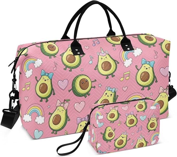 Cute Avocado Rainbow Pink Sports Gym Bag for Women Men Travel Duffel Bag Weekend Overnight Carry on Bag with Toiletry Bag Hospital Bag for Yoga Workout Swimming Hospital Plane