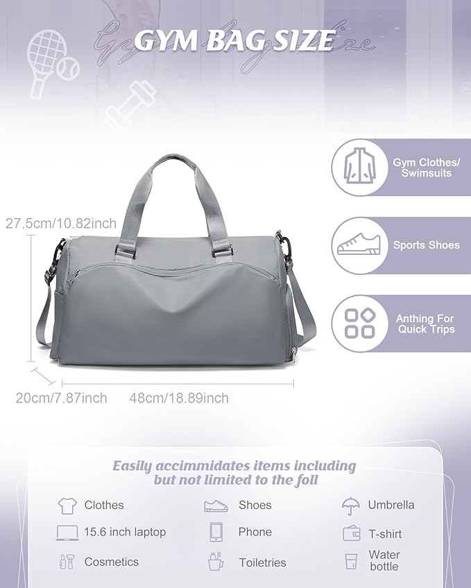 Gym Bag for Women with Shoe Compartment Lightweight Travel Duffle Bags Carry on Bag Overnight Weekender Duffel Bag with Wet Pocket Personal Item Travel Bag Tote Bag Workout Dance Bag Grey