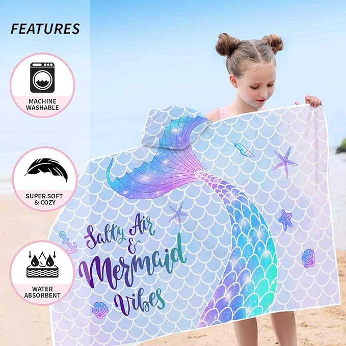 Bonsai Tree Mermaid Kids Hooded Beach Towel, Mermaid Tail Microfiber Hooded Poncho Towel for Girls 30”x50”, Mermaid Scales Pink Soft Absorbent Bath Towels Bathrobe with Hood for Swin Pool