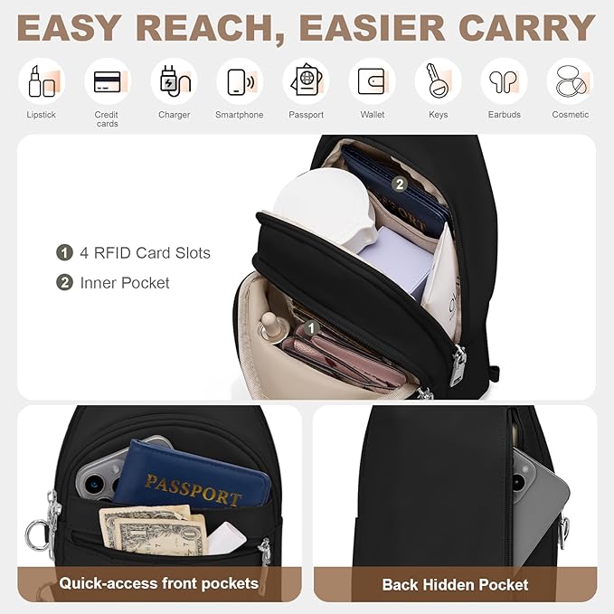 Sling Bag for Women, Anti-Theft RFID Crossbody Bag Nylon Sling Purse for Travel, Puffy Small backpack for Daily Hiking Sports Black