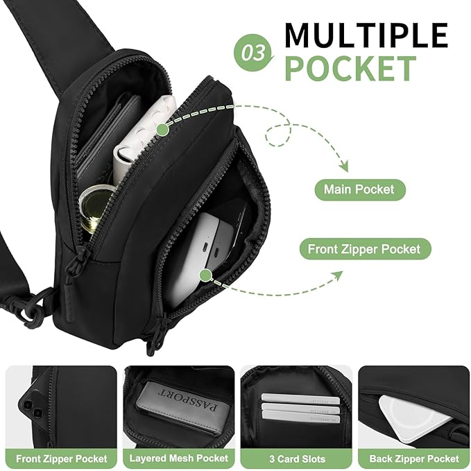 Mini Sling Bag for Men Women, Small Travel Fanny Packs Crossbody Anti Theft Reversible Nylon Chest Bag for Running Hiking (Black)