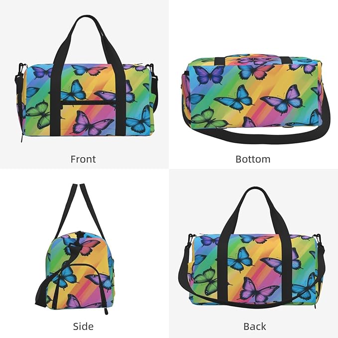 Sports Gym Bag Butterflies Rainbow Stripe Travel Duffel Bag With Shoe Compartment Shoulder Strap, Lightweight Water-Resistant Weekend Overnight Totes For Women Men