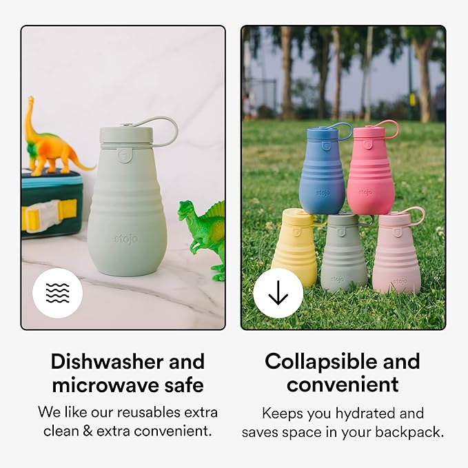STOJO Jr Collapsible Bottle for Kids - Sage Green, 14oz / 400ml - Leak-Proof Reusable Silicone Travel Cup for Hot & Cold Drinks - On-The-Go Camping & Hiking - Microwave & Dishwasher Safe
