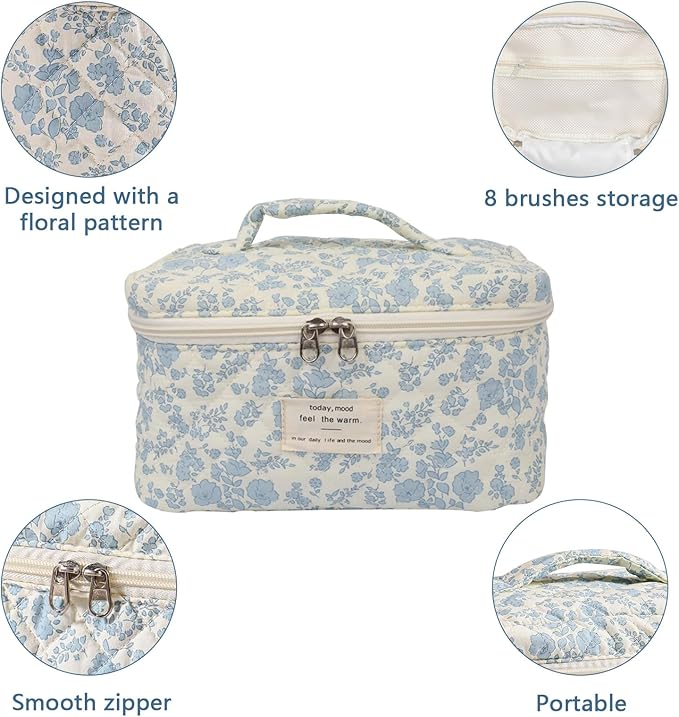 Large Makeup Bag, Cute Cosmetic Bag for Women Girls, Floral Coquette Aesthetic Toiletry Bag, Travel Make Up Organizer Bag (White Blue Butterfly Flower)