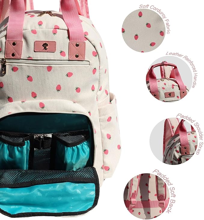 Diaper Bag Backpack, Large Capacity Multifunction Baby Essentials Fashion Travel Pack Linen Canvas office Laptop Bag (Corduroy Pink Strawberry)