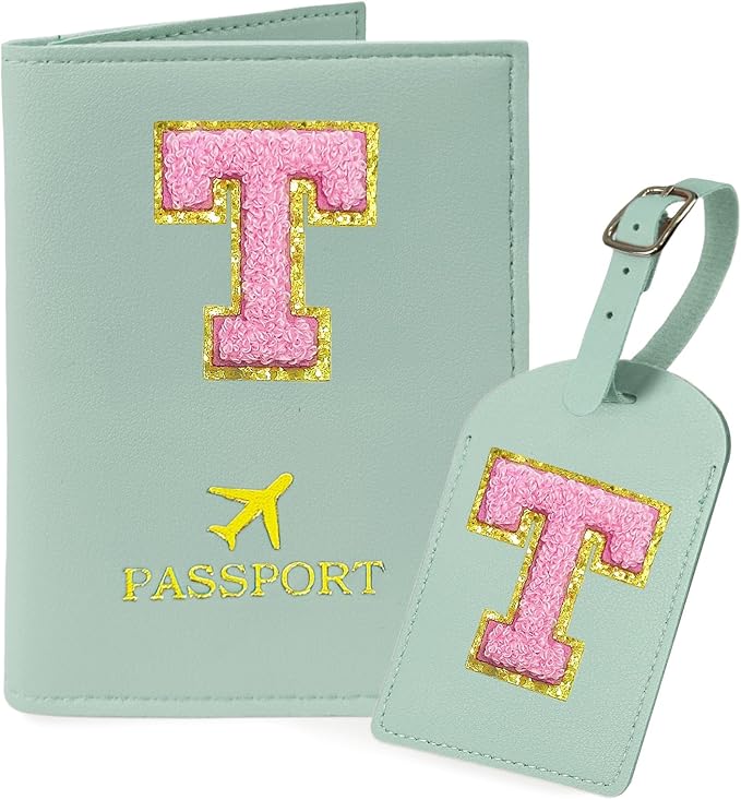 COSHAYSOO Initial Passport Cover Luggage Tag Set Letter Passport Holder Airplane Cruise Travel Essentials Vacation Traveling Accessories Personalized Gifts for Women Teen College Girls Teal T